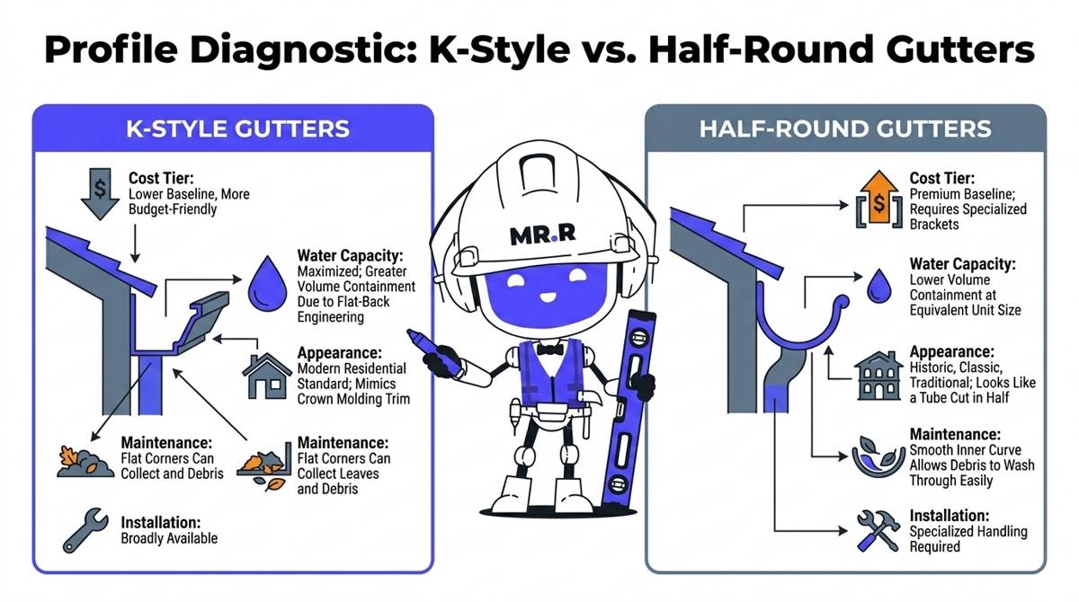 A 2026 gutter profile comparison infographic detailing costs, water capacity, appearance, and cleaning traits for K-style versus half-round gutters.